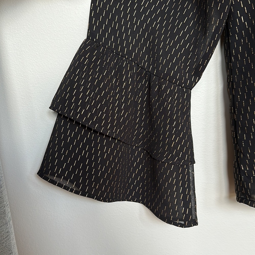 A New Day Black and Gold Ruffled Long V-Neck Sleeve Blouse - Picture 7 of 12